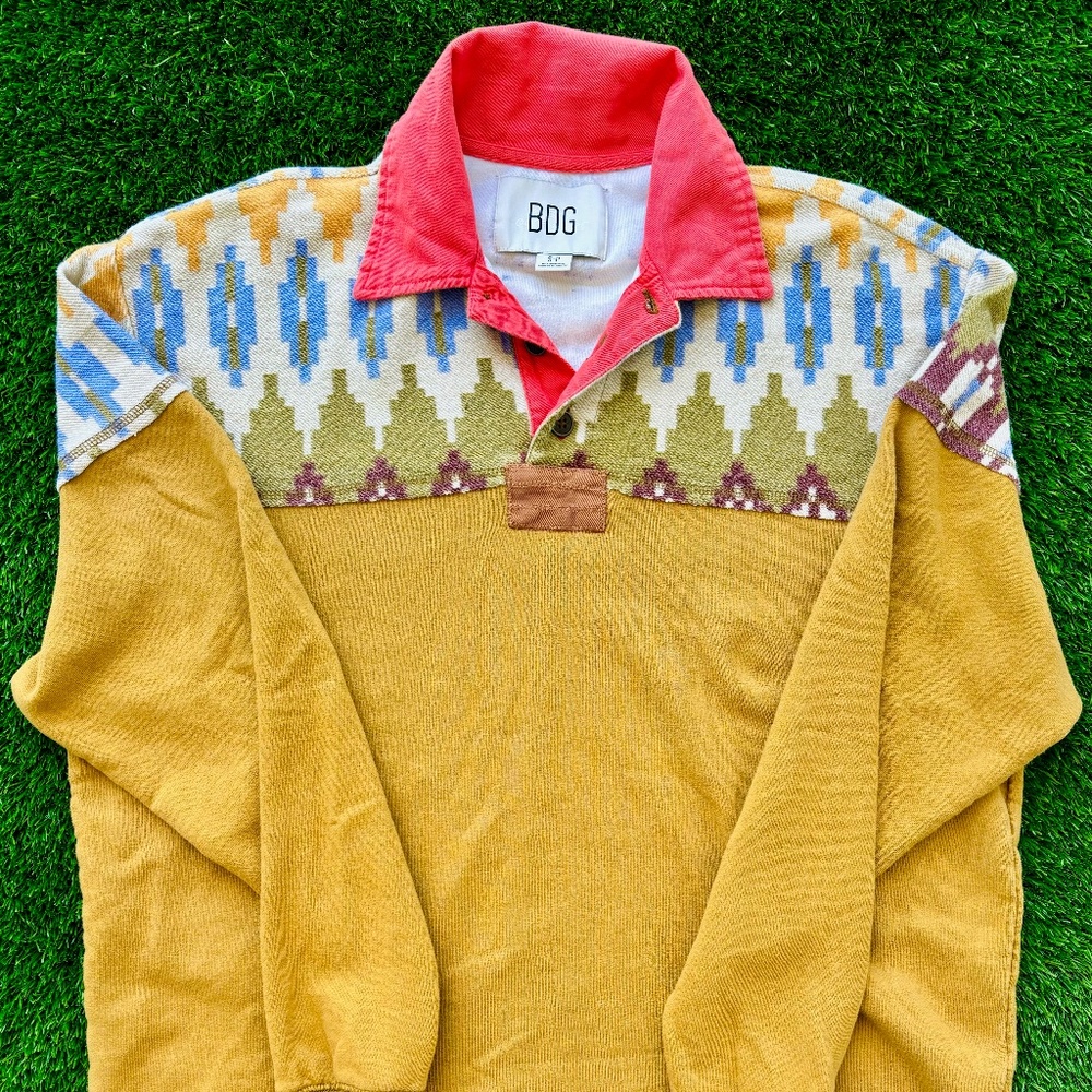 BDG Men's Heavyweight Craft Pattern Rugby Sweatshirt